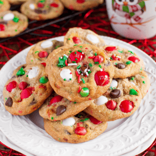 Peppermint M&M Christmas Cookies with sprinkles and chocolate chips, are soft and chewy, and full of Christmas cheer! These might be Santa's favorite cookies! #christmascookies #sprinklecookies #funfetticookies #santasfavoritecookies